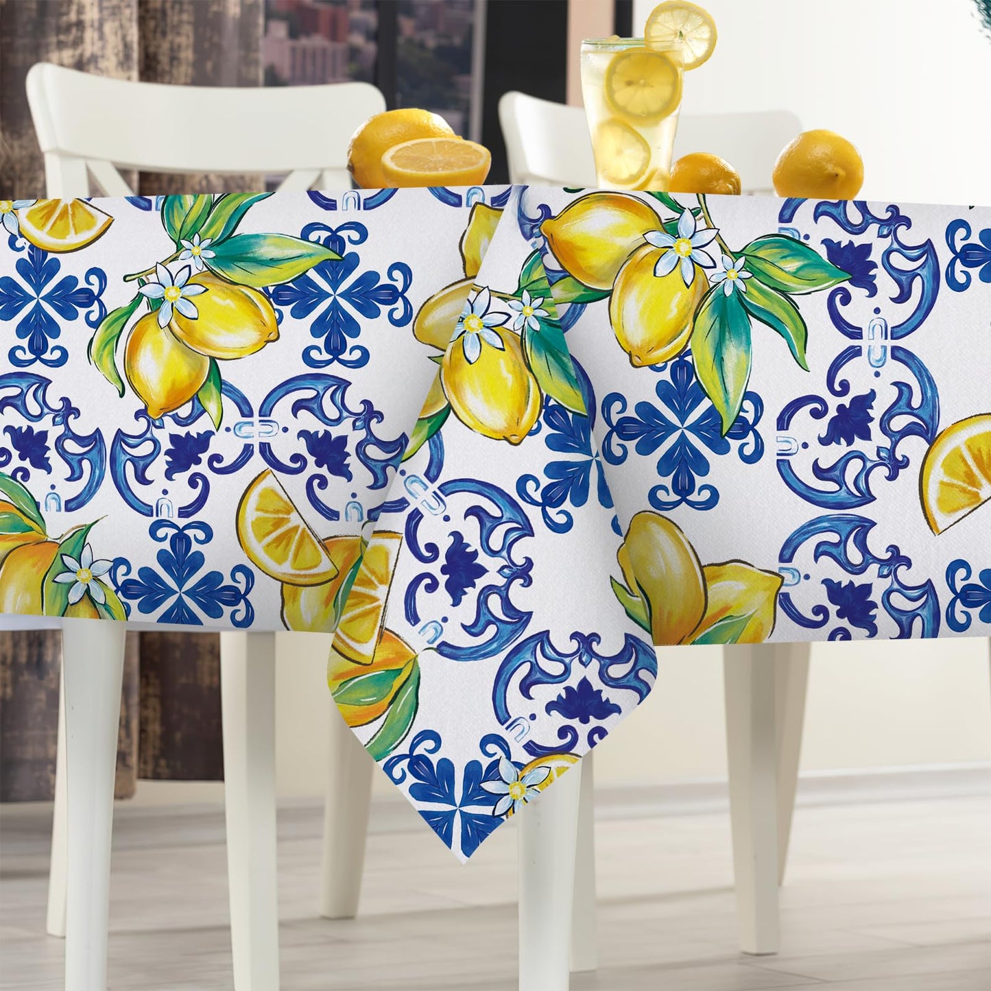 Livcoz Blue Lemon Italy Tile Pattern Rectangle Tablecloth 60 x 104