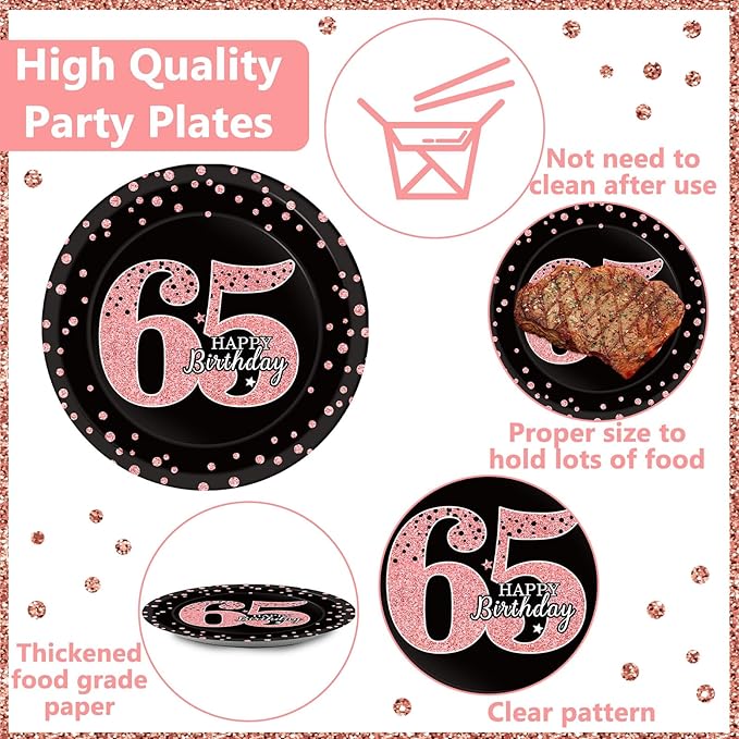 96 Pcs 65th Birthday Plates and Napkins Party Supplies Happy 65th