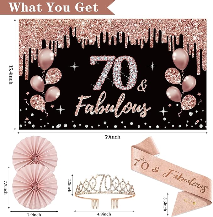 70th Birthday Decorations for Women 33pcs Kit with Crown Sash Banner