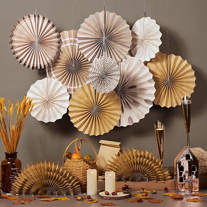 SUNBEAUTY 11 PCS Paper Fans Decorations Brown Party Decorations