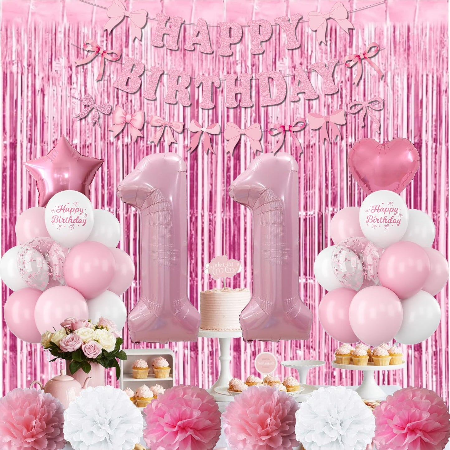 11th Birthday Decorations for Girls Pink Number 11 Balloon Bow