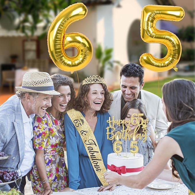 65th Birthday Decorations for Women with Tiara and Sash Candles and