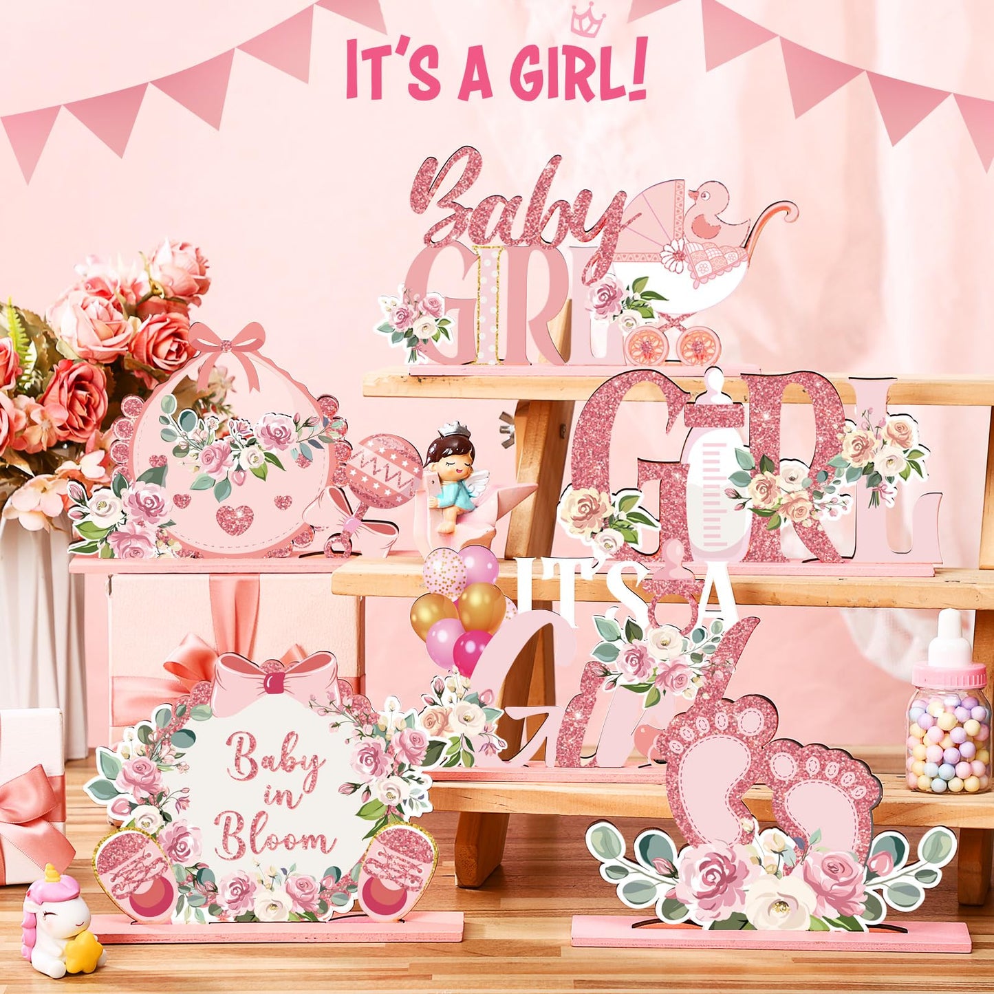 6 Pcs Floral Baby Shower Table Decoration Flower Girl Birthday Wooden