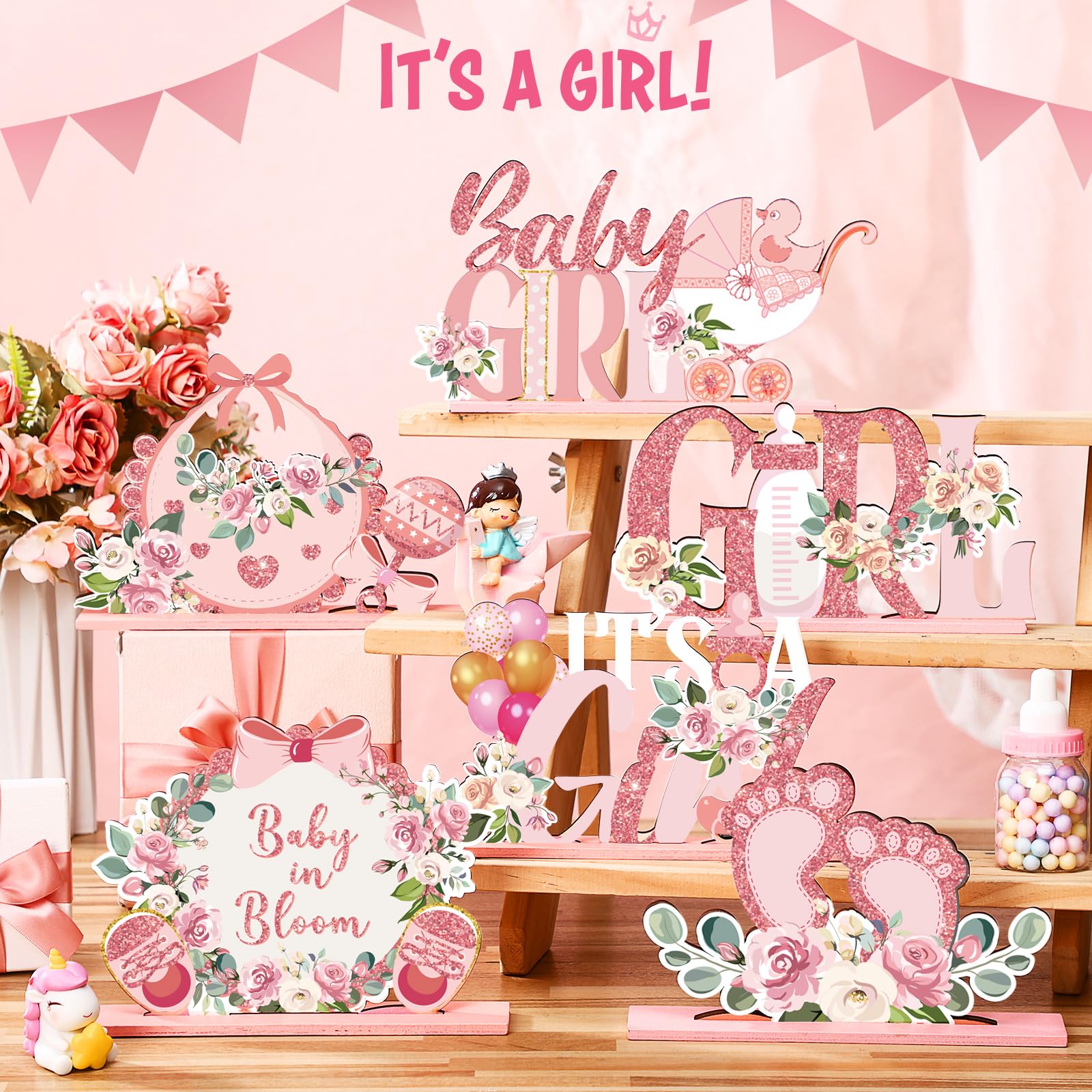 6 Pcs Floral Baby Shower Table Decoration Flower Girl Birthday Wooden