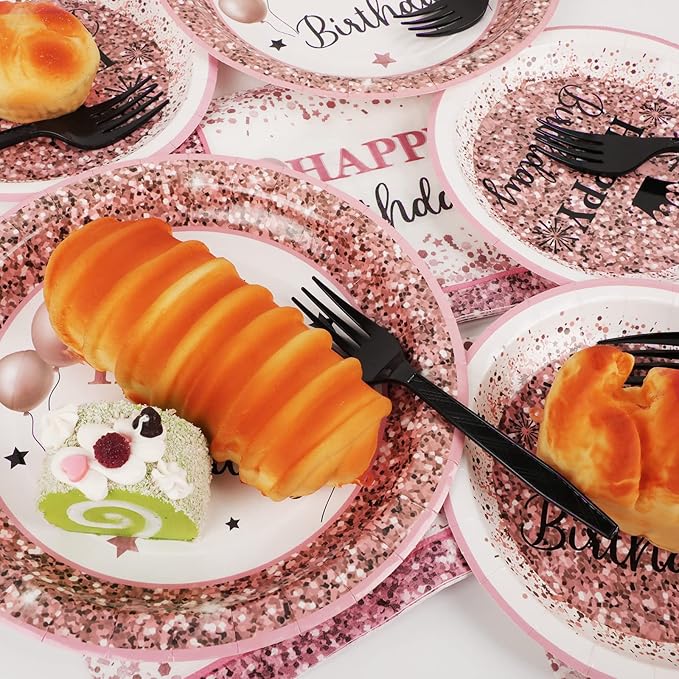 Wiooffen 96pcs Rose Gold Birthday Party Supplies Pack Happy Birthday
