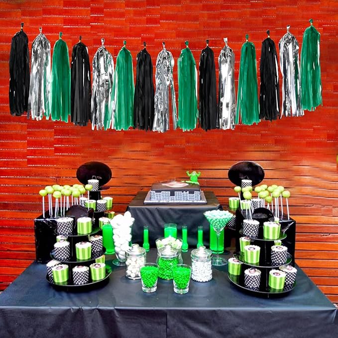 Black Green Silver Tassel Garland - 15pcs Soccer Party Supplies