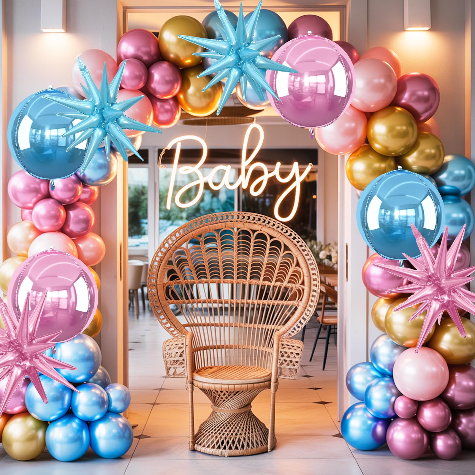 6Pcs Pink Blue Foil Balloons,22Inch Blue Pink 4D Round Ball Balloon