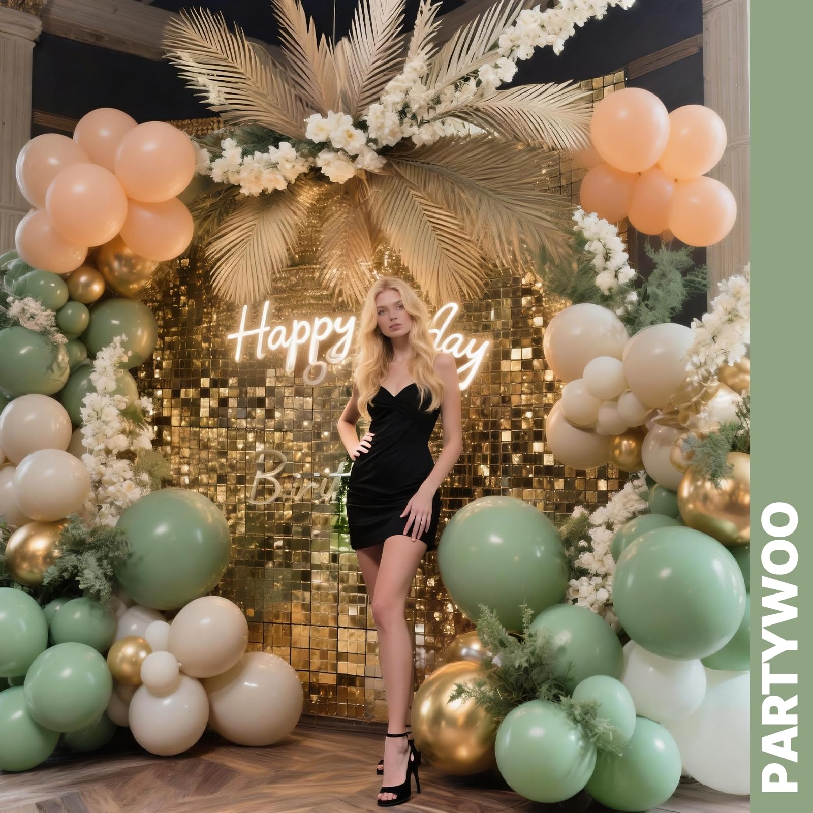PartyWoo Pink and Green Balloons 65pcs 12 Inch Metallic Gold Sand