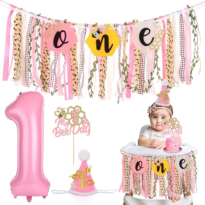 Bee Theme Highchair Banner for Baby First Birthday Party Decorations