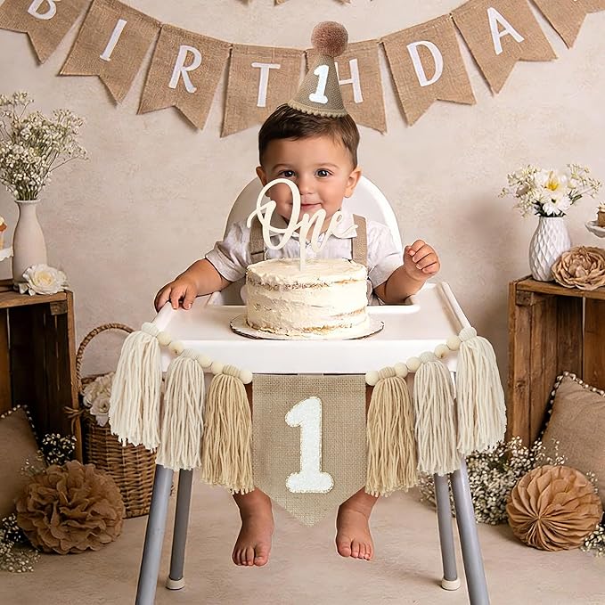 Boho Nude 1st Birthday Highchair Wood Bead Tassel Garland Conical