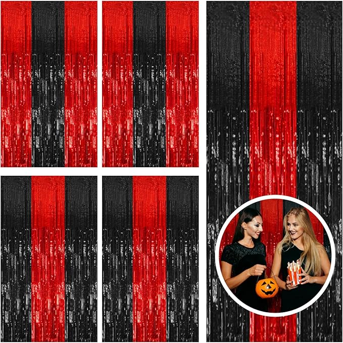 5 Pack Black and Red Backdrop Party Decorations Tinsel Curtain