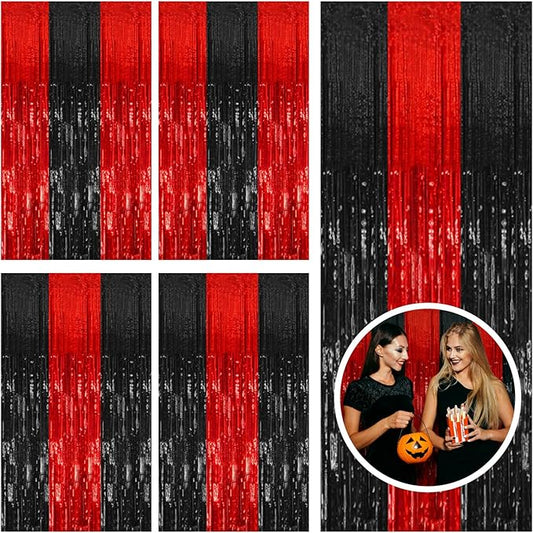 5 Pack Black and Red Backdrop Party Decorations Tinsel Curtain