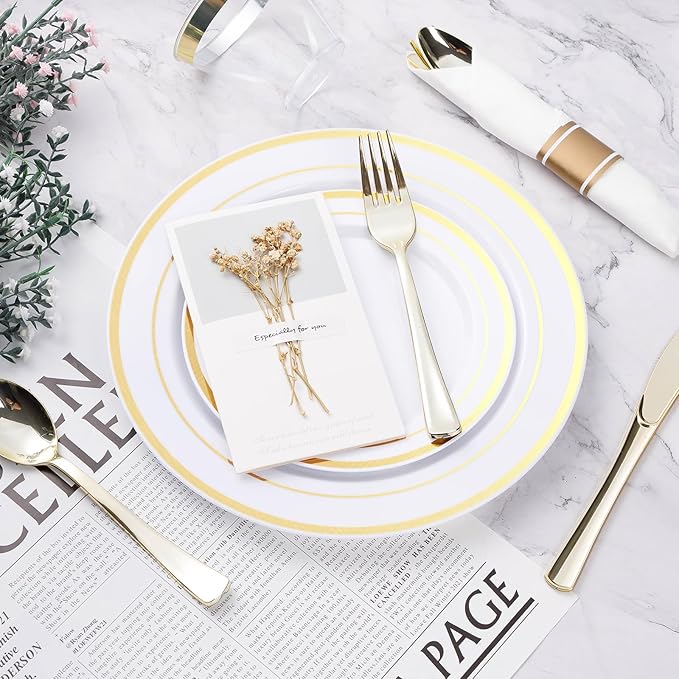 BESTVIP 175PCS Gold Plastic Dinnerware Set, Disposable Party Plates