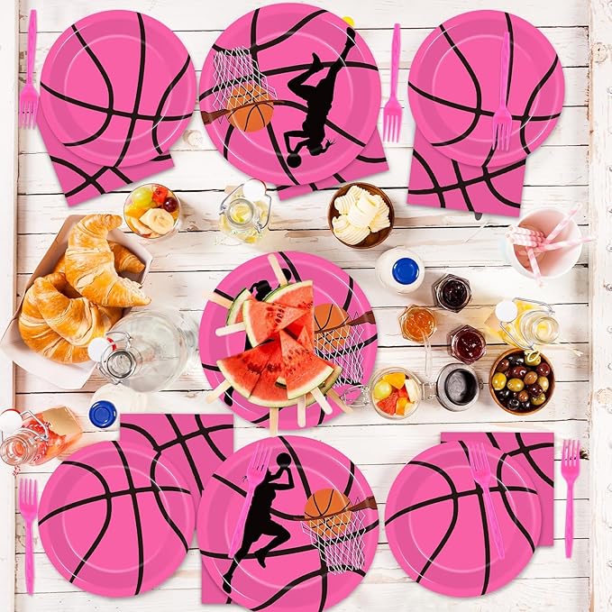 96 Pcs Pink Basketball Party Supplies Paper Plates Napkins