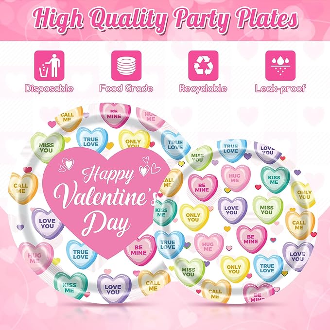 98Pcs Valentines Day Plates and Napkins Conversation Hearts Party