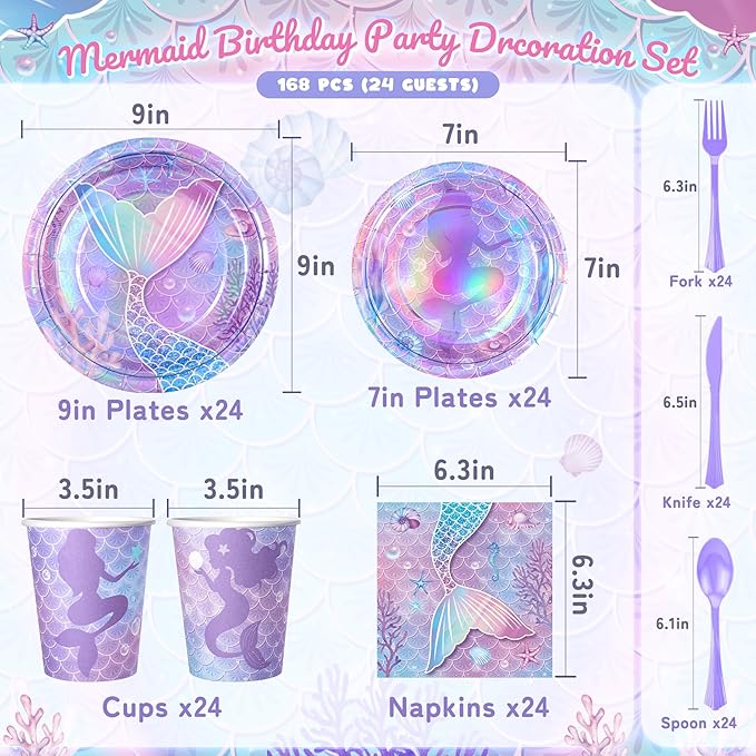 Purple Mermaid Party Tableware Supplies 168PCS Mermaid Plates
