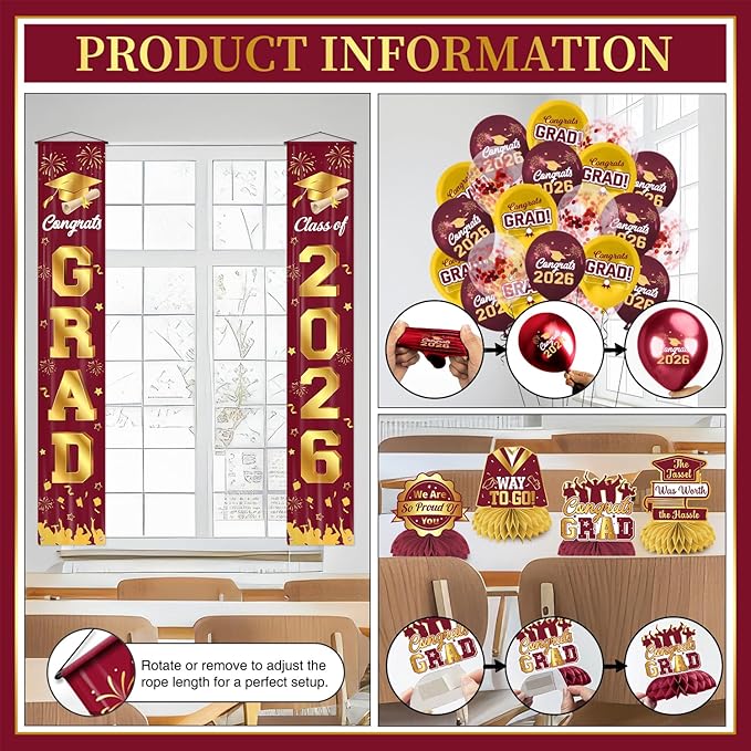 Graduation Decorations 2026 Maroon and Gold Graduation Party Decor