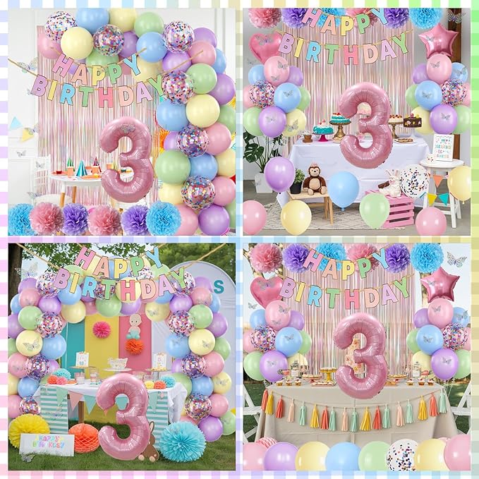 Pastel 3rd Birthday Party Decorations for Girls Number 3 Balloon