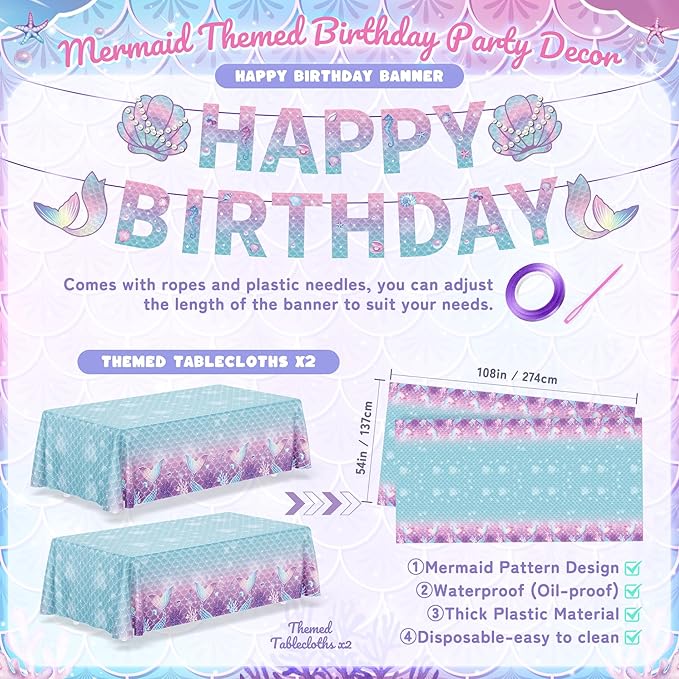 195Pcs Mermaid Birthday Party Decorations with Happy Birthday Banner