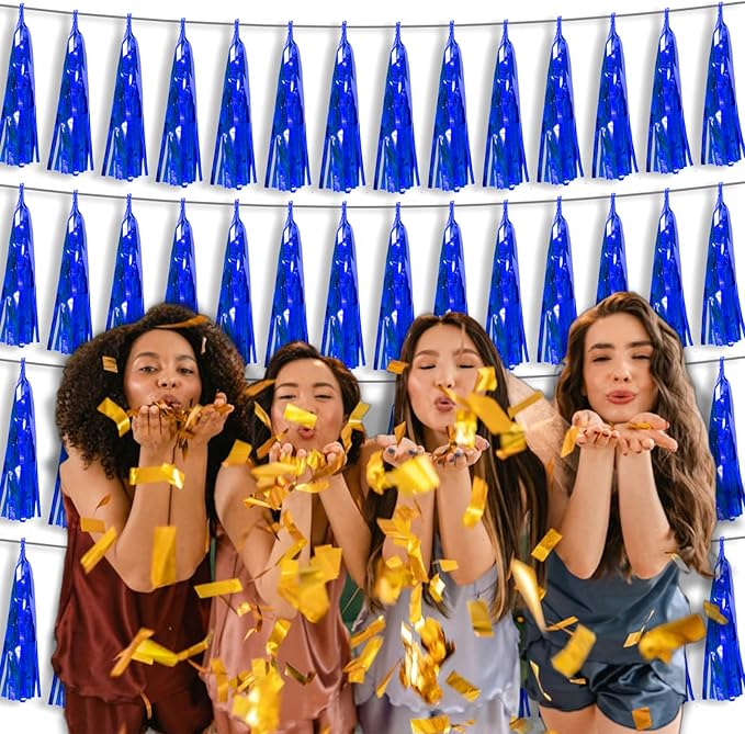 4P Blue Foil Fringe Tassel Banner Garland Metallic Tinsel Streamers