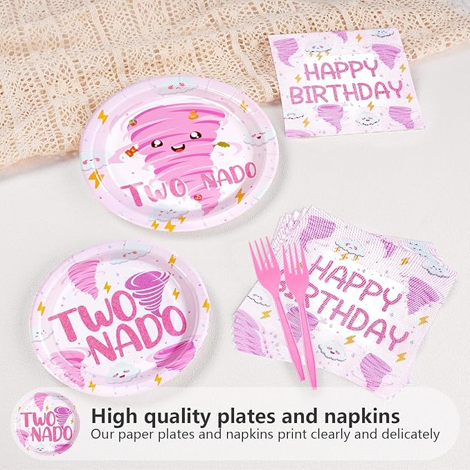 96Pcs Two Nado Party Supplies Pink Tornado 2nd Birthday Plates and