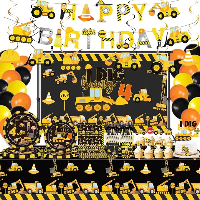 162 Pcs Construction 4th Birthday Party Supplies Dump Truck Four