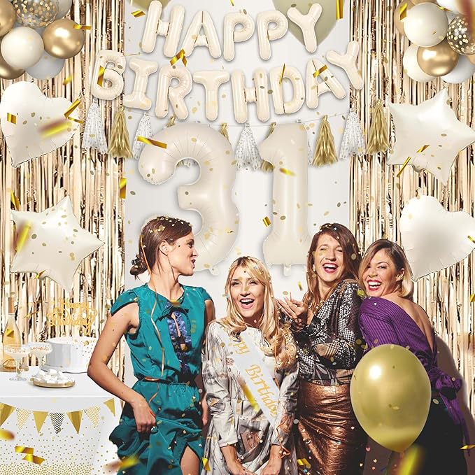 31st Birthday Decorations for Women, White and Gold 31 Boho Birthday