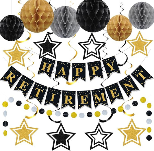 Happy Retirement Party Decorations for Men Women Black Gold Happy