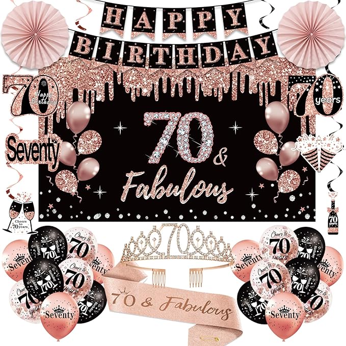 70th Birthday Decorations for Women 33pcs Kit with Crown Sash Banner