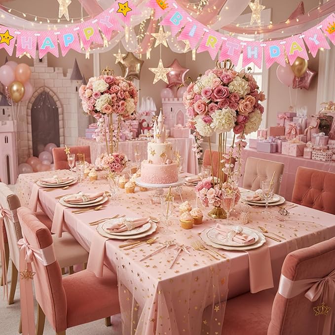 Pink Princess Party Supplies 8.2ft Happy Birthday Banner Signs Pink