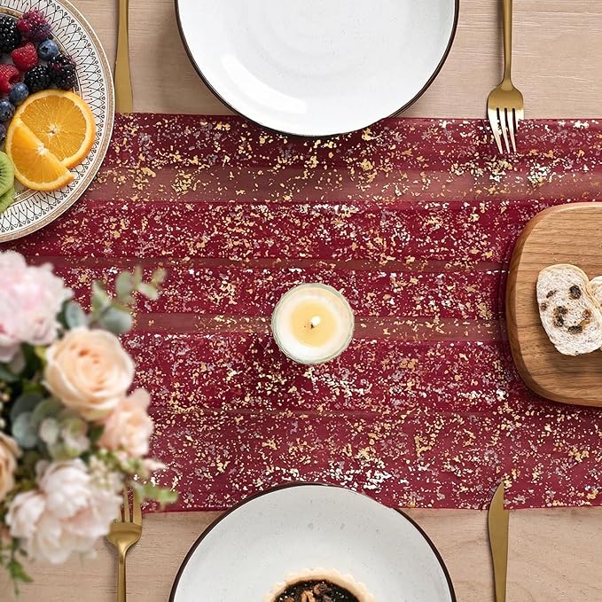 Artoid Mode Burgundy Gold Gauze Table Runner 120 Inch 10FT, Glitter