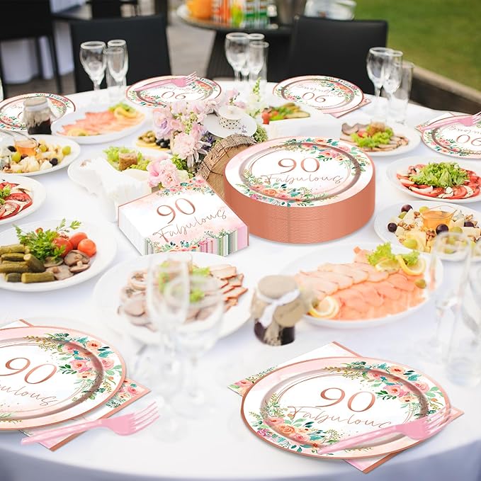 50 Guests 90th Party Decorations Plates Napkins Rose Gold Party