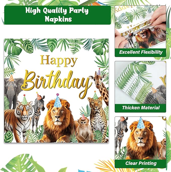 96Pcs Jungle Animals Plates and Napkins Safari Happy Birthday Party