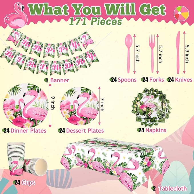 171 Pcs Flamingo Birthday Party Supplies Tropical Luau Hawaiian