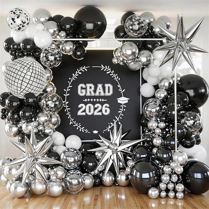 KARLURE Black Silver Balloons Arch Kit, Black Silver White Balloons