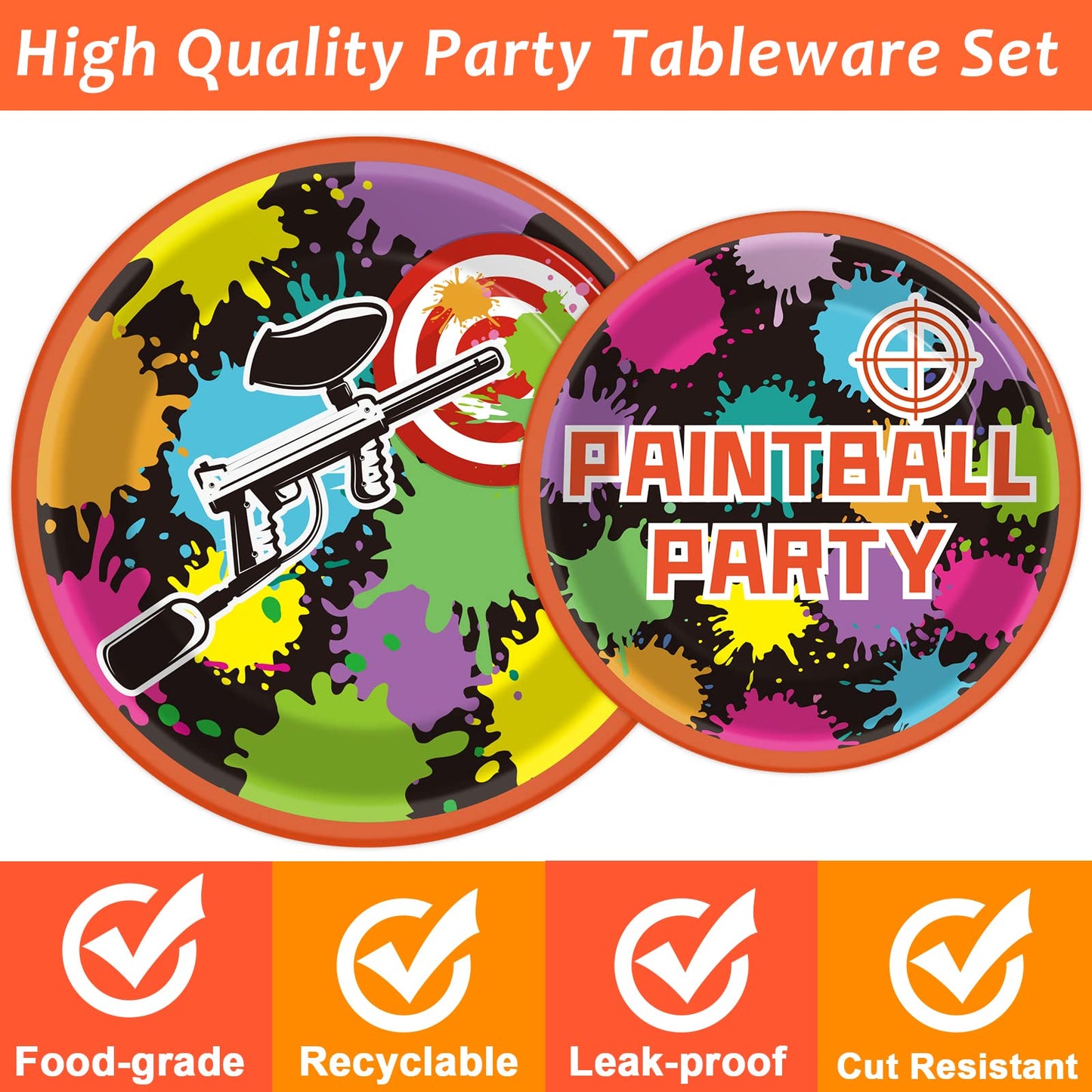 96 Pcs Paintball Birthday Party Supplies Neon Glow Tableware set Paper