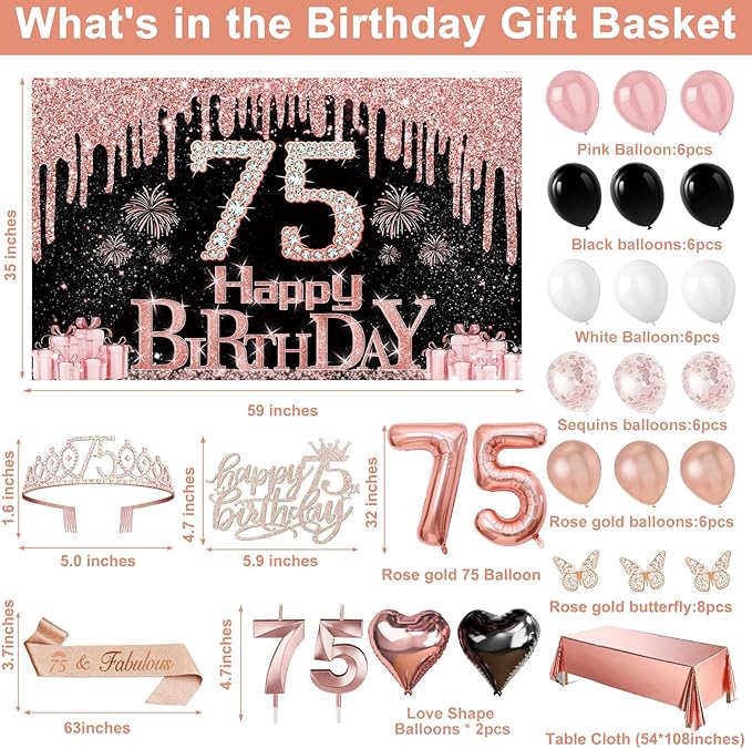 75th Birthday Decorations for Women 49pcs Black Rose Gold Black