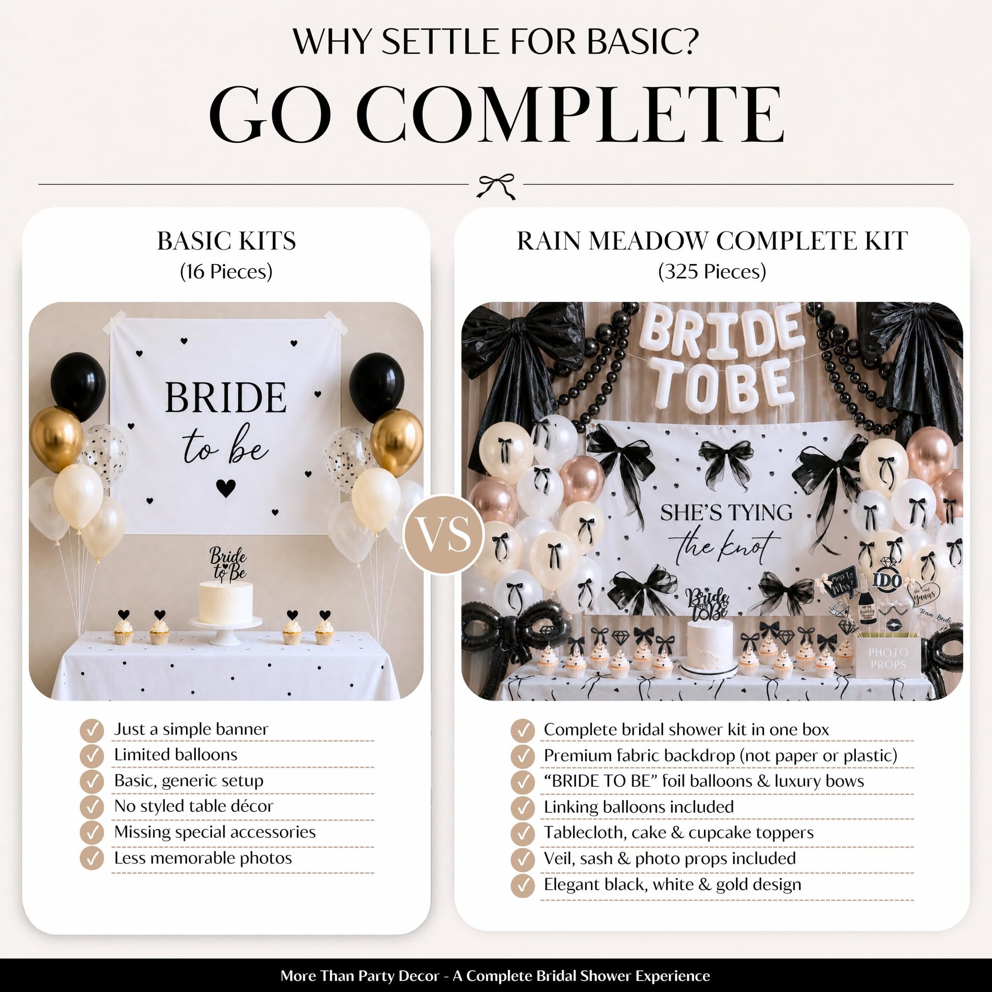 325 Pc Black Bow Bridal Shower Decorations Set - She’s Tying the Knot