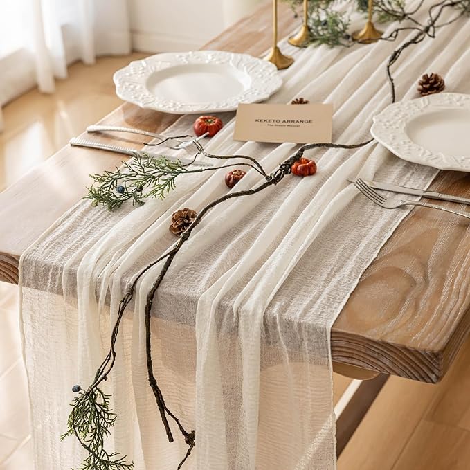 Keketoarrange White Spring Cheesecloth Table Runner Ivory Cream Gauze