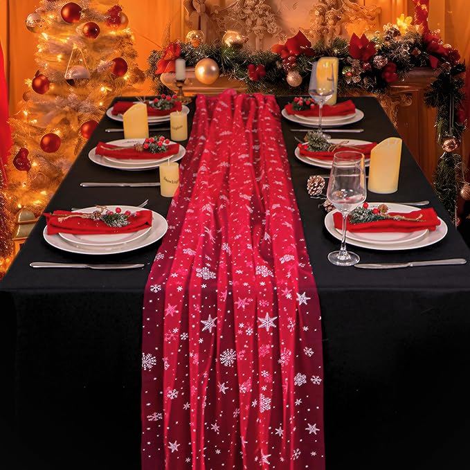 Snowkingdom Red Christmas Table Runner, Red and White Snowflakes