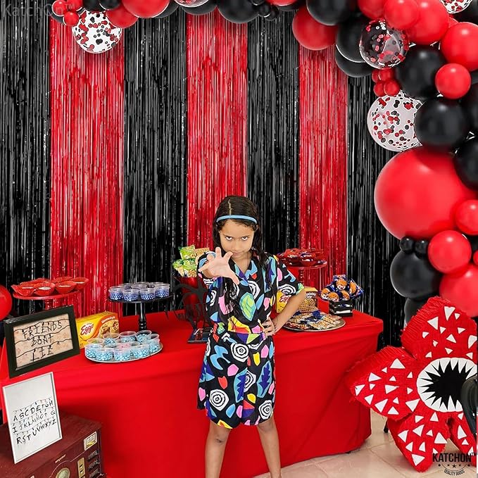 KatchOn Red and Black Fringe Curtain - 6.4x8 Ft Pack of 2 | Red and