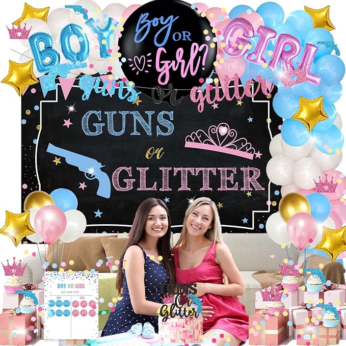 Guns or Glitter Gender Reveal Decorations 169 PCs Boy or Girl Gender