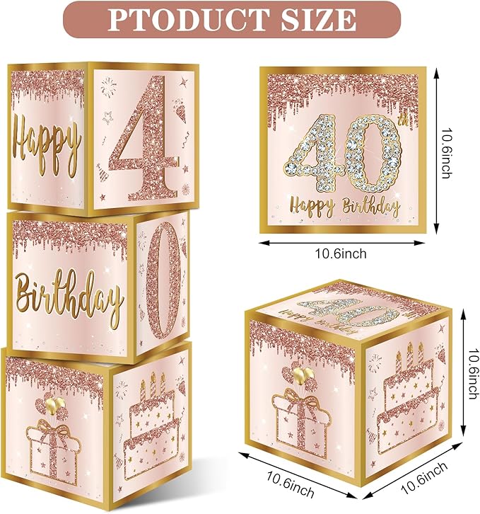 3Pcs 40th Birthday Decorations Boxes for Women Pink Rose Gold 40th