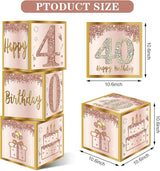 3Pcs 40th Birthday Decorations Boxes for Women Pink Rose Gold 40th