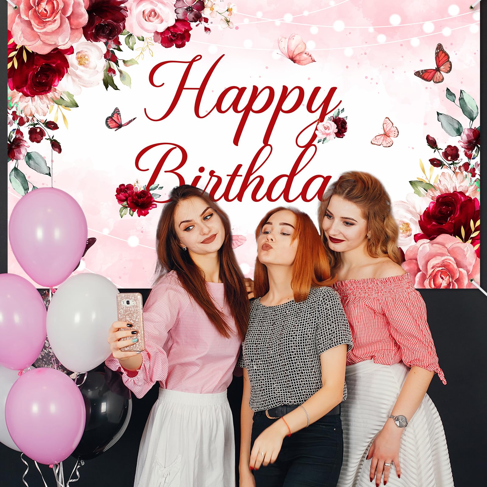 Avezano Floral Happy Birthday Banner for Women Girls Rose Gold Red
