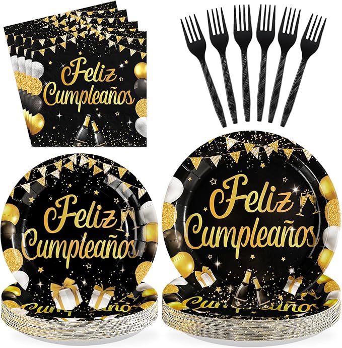 96Pcs Black and Gold Birthday Party Supplies Feliz Cumpleaños Gold