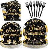 96Pcs Black and Gold Birthday Party Supplies Feliz Cumpleaños Gold