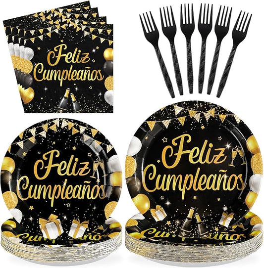 96Pcs Black and Gold Birthday Party Supplies Feliz Cumpleaños Gold