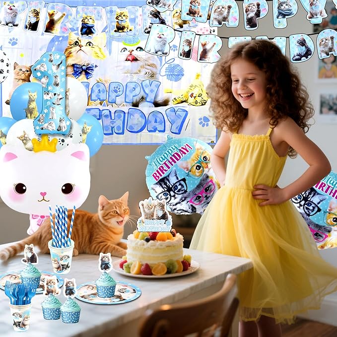 142Pcs Cat Birthday Decorations Cat 1st Birthday Party Supplies Cat