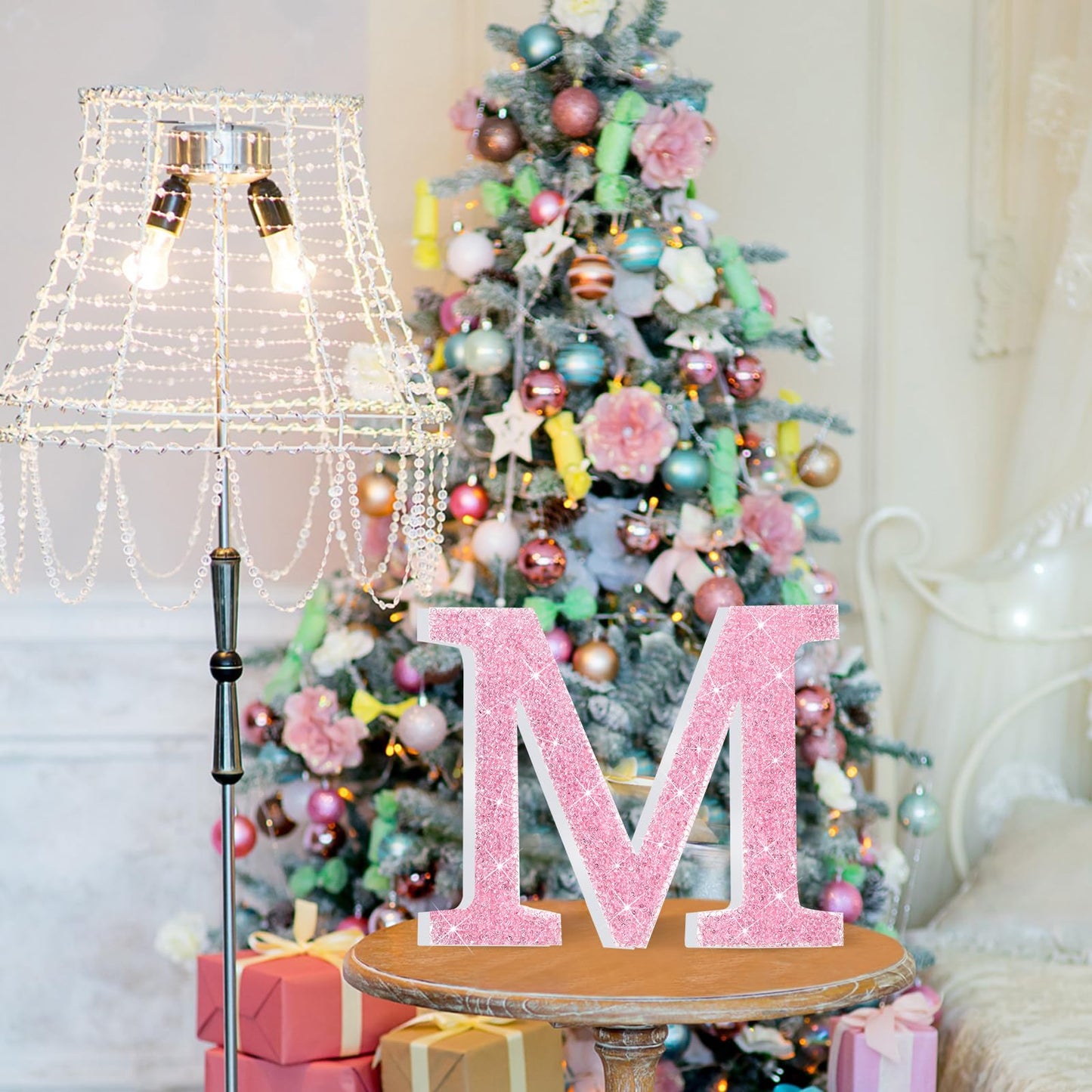 Qunclay Pink Crystal Diamond Letter Wall Decor, Glitter Wooden Bling